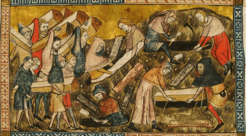 Citizens of Tournai bury bubonic plague victims. Miniature from The Chronicles of Gilles Li Muisis (1272–1352). Bibliothèque royale de Belgique, MS 13076–77, f. 24v. Pierart dou Tielt (fl. 1340-1360), Wikipedia Commons