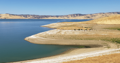 Water in the San Luis reservoir, which was constructed as a storage reservoir in California’s Central Valley. Groundwater in this region may never be able to recover from past and future droughts, according to a new study published in Water Resources Research. CREDIT: Fredrick Lee