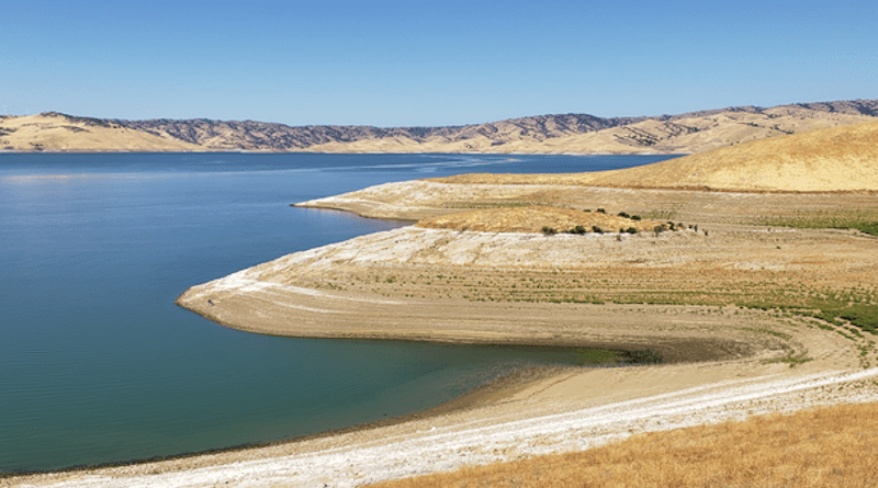 Water in the San Luis reservoir, which was constructed as a storage reservoir in California’s Central Valley. Groundwater in this region may never be able to recover from past and future droughts, according to a new study published in Water Resources Research. CREDIT: Fredrick Lee
