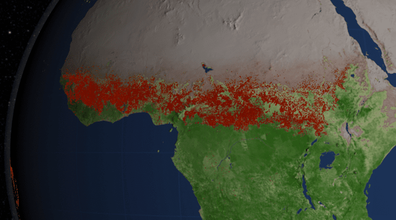 Image of central Africa showing a line of red dots that represent fires south of the Sahara from West Africa across to south of Egypt. CREDIT: NASA Goddard's Scientific Visualization Studio