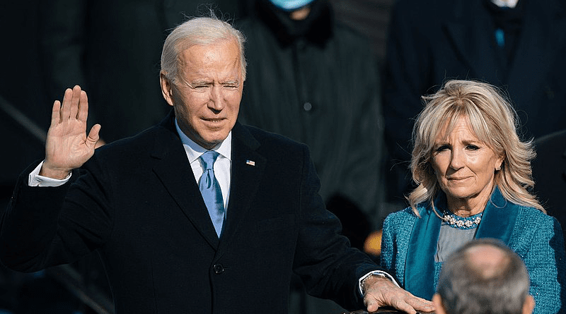 US President Joe Biden swearing in ceremony beside First Lady Jill Biden. Photo Credit: U.S. Commission on Civil Rights, Wikipedia Commons