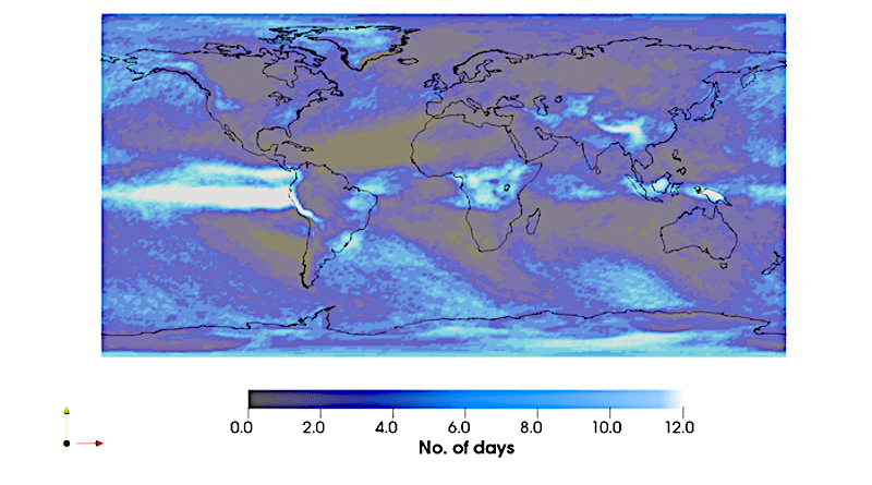 Extreme precipitation days per decade due to greenhouse warming over the 21st century. The first step in deriving the pattern shown is identifying the once-in-ten-year events of maximum precipitation over 2000-2009 for the 100 simulations. Here, this threshold is chosen as the lowest of the top 100 values of precipitation. For the second step, the number of days over 2090-2099 that exceed the threshold value is counted, and thereby while a value of 1 on the scale (units of days) means that there is no change in future, a value of 6 indicates 5 additional days of extreme precipitation in future. Note that the color scale saturates at 12 days to emphasize the response over land, given the very large amplitude over the eastern equatorial Pacific domain. CREDIT: Institute for Basic Science