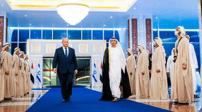 Israeli Prime Minister Naftali Bennett with UAE's Crown Prince Sheikh Mohammed bin Zayed Al Nahyan. Photo Credit: UAE Ministry of Foreign Affairs