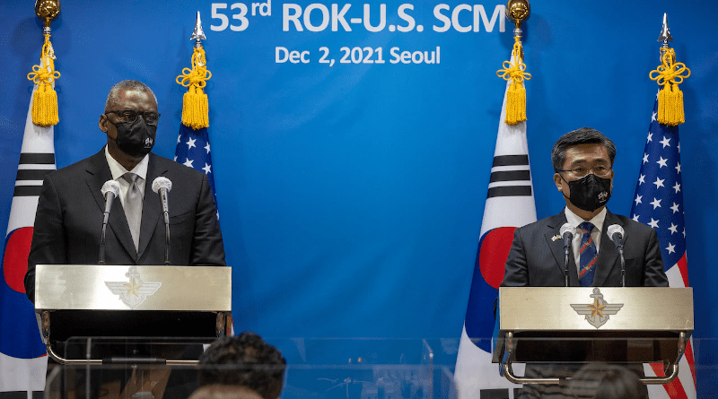 Secretary of Defense Lloyd J. Austin III and South Korean Minister of Defense Suh Wook answer questions during a press conference after the 53rd U.S.-Republic of Korea Security Consultative Meeting in Seoul, South Korea, Dec. 2, 2021. Photo Credit: Chad McNeeley, DOD