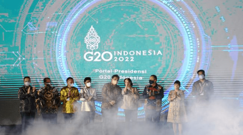 Opening Ceremony, G20 Indonesia 2022 in Jakarta on Wednesday. The Indonesia G20 Presidency runs from December 1, 2021 until November 30, 2022 with the theme "Recover Together, Recover Stronger". Pictured (from left): Jakarta Governor Anies Baswedan, BPK Vice Chairman Agus Joko Pramono, Indonesian House of Representatives Deputy Speaker Lodewijk F Paulus, Economic Affairs Coordinating Minister Airlangga Hartarto, Bank Indonesia Governor Perry Warjiyo, Chair Business 20 Shinta Widjaja Kamdani and Co Chair Youth 20 Michael Victor Sianipar. (ANTARA FOTO/Hafidz Mubarak A/wsj)