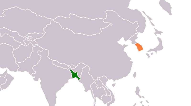 Locations of Bangladesh (green) and South Korea. Credit: Wikipedia Commons