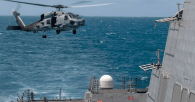 An MH-60R helicopter, assigned to Helicopter Maritime Strike Squadron 51, takes off from the flight deck of the Arleigh Burke-class guided-missile destroyer USS Mustin) as it conducts routine operations in the Taiwan Strait, Aug. 18, 2020. Mustin is forward-deployed to the U.S. 7th Fleet area of operations in support of security and stability in the Indo-Pacific region. Photo Credit: Navy Mass Communication Specialist 3rd Class Cody Beam