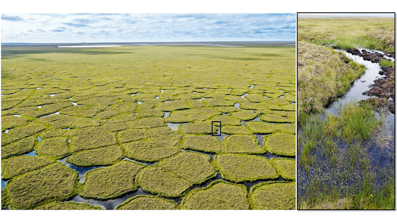 Permafrost degradation in northern Alaska. CREDIT: Photos by Christian Andresen, left, and Mark J. Lara