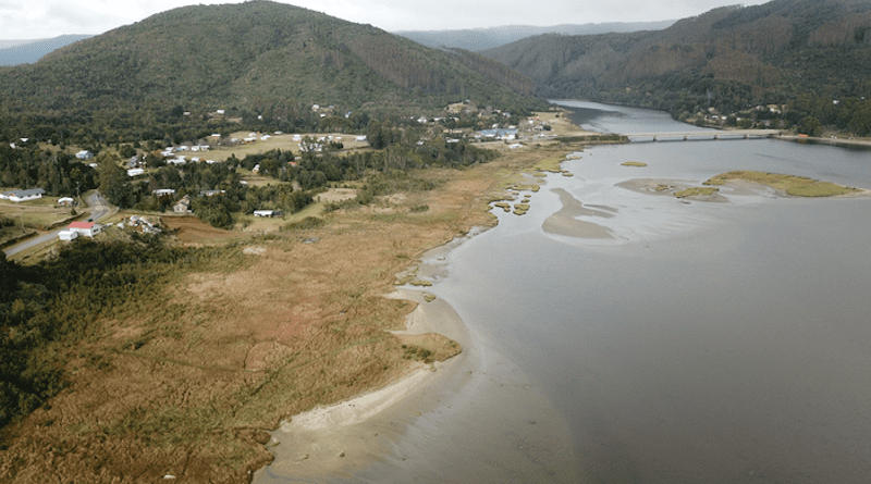 Aerial view of the Chaihuín tidal marsh – site of the discovery of new geological evidence for a previously unreported historical tsunami. CREDIT: Diego Aedo