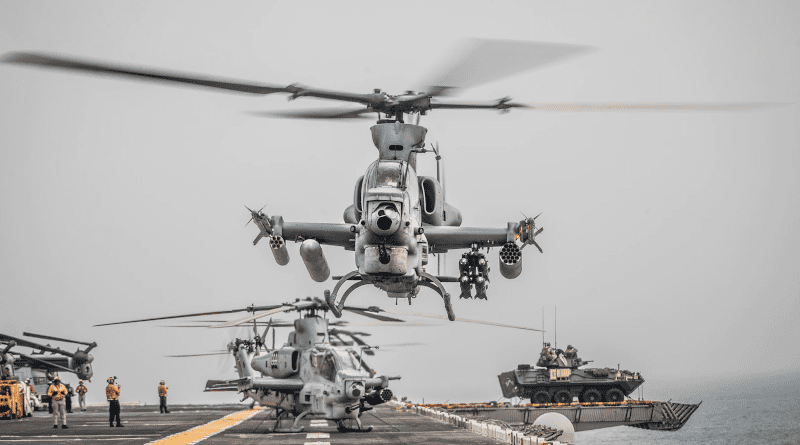 AH-1Z Viper helicopter attached to Marine Medium Tiltrotor Squadron (VMM) 163 (Reinforced), 11th Marine Expeditionary Unit, takes off during strait transit aboard USS Boxer, Strait of Hormuz, August 12, 2019 (U.S. Marine Corps/Dalton S. Swanbeck)