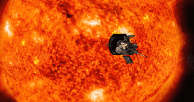 Artist’s conception of the Parker Solar Probe spacecraft approaching the Sun. CREDIT: NASA/Johns Hopkins APL/Steve Gribben