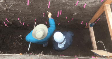 A small fault lying between the San Andreas and San Jacinto faults provides evidence for past earthquakes that involved both major faults. Geologists Tom Rockwell (San Diego State) and Michael Oskin (UC Davis) work in a trench into the fault. CREDIT: Alba Rodriguez Padilla