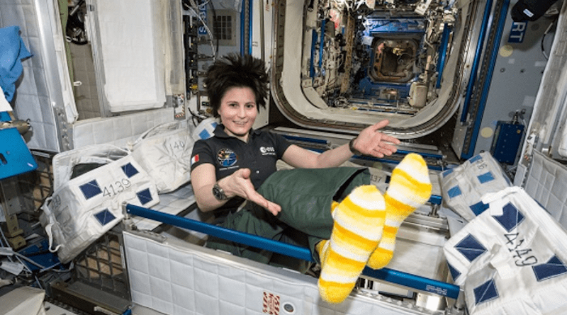 ESA (European Space Agency) astronaut Samantha Cristoforetti shows off her yellow and white striped socks aboard the space station. The PGTIDE experiment tests a fully degradable detergent specifically for cleaning clothes (including socks) in space. CREDIT: NASA