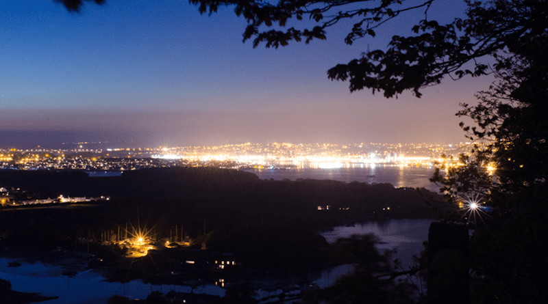 Street lighting creates an artificial glow in the night sky above Plymouth and the surrounding areas CREDIT: Thomas Davies, University of Plymouth