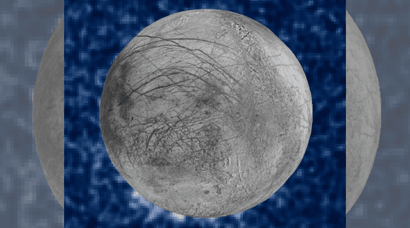 This composite image shows suspected plumes of water vapor erupting at the 7 o’clock position off the limb of Jupiter’s moon Europa. The plumes, photographed by NASA’s Hubble Space Telescope Imaging Spectrograph, were seen in silhouette as the moon passed in front of Jupiter. The Hubble data were gathered on January 26, 2014. The image of Europa, superimposed on the Hubble data, is assembled from data from the Galileo and Voyager missions. CREDIT: NASA/ESA/W. Sparks (STScI)/USGS Astrogeology Science Center.