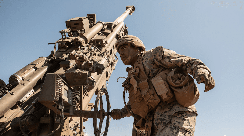 Field artillery cannoneer with 3rd Battalion, 12th Marines, 3rd Marine Division, emplaces M777A2 Howitzer during Artillery Relocation Training Program 21.1, at Combined Arms Training Center, Camp Fuji, Japan, April 26, 2021 (U.S. Marine Corps/ Michael Jefferson Estillomo)