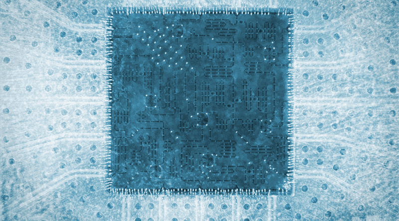 Artistic image of a seven-transmon superconducting quantum processor similar to the one used in this work CREDIT: DiCarlo Lab and Marieke de Lorijn