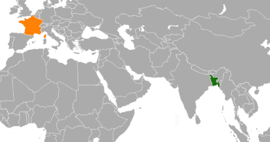 Locations of Bangladesh (green) and France. Credit: Wikipedia Commons