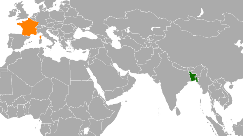 Locations of Bangladesh (green) and France. Credit: Wikipedia Commons