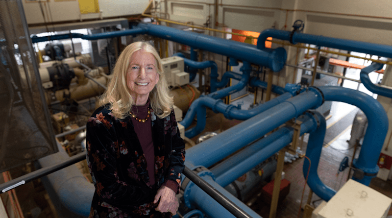The study’s principal investigator, Marilyn Brown, at the district heating and cooling plant in the heart of Georgia Tech’s campus. While Georgia Tech is not yet operating a CHP system, it is currently examining options for lessening the campus’s energy footprint. CREDIT: Robert Felt, Georgia Tech