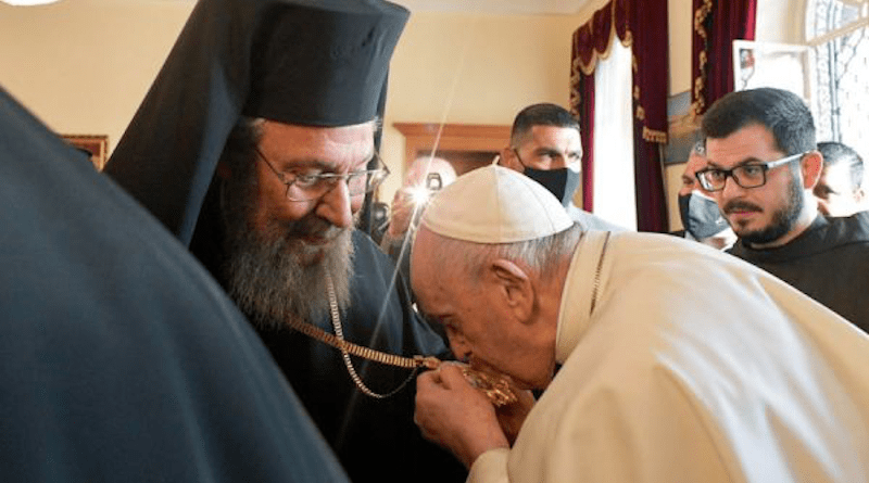Pope Francis kisses the pectoral cross of Chrysostomos II, the Orthodox archbishop of Cyprus. Vatican Media.