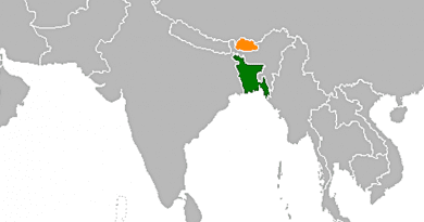 Locations of Bangladesh (green) and Bhutan. Credit: Wikipedia Commons