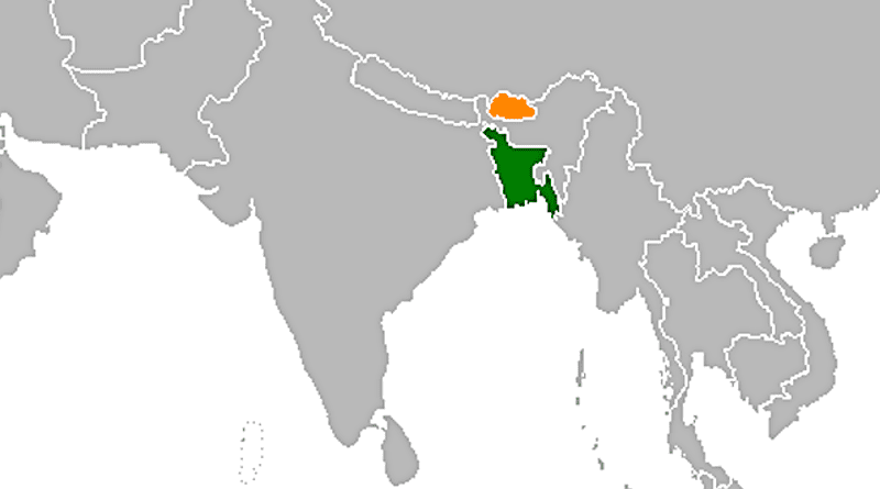 Locations of Bangladesh (green) and Bhutan. Credit: Wikipedia Commons