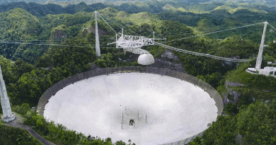 Arecibo-Observatory For 57 years the Arecibo Observatory served as a world-class resource for radio astronomy research. After structural damage caused by the fall of two auxiliary cables, on December 1, 2020, a third cable failed, causing Arecibo’s 900-ton receiver platform to fall onto the dish below, destroying the telescope. Credit: UCF.