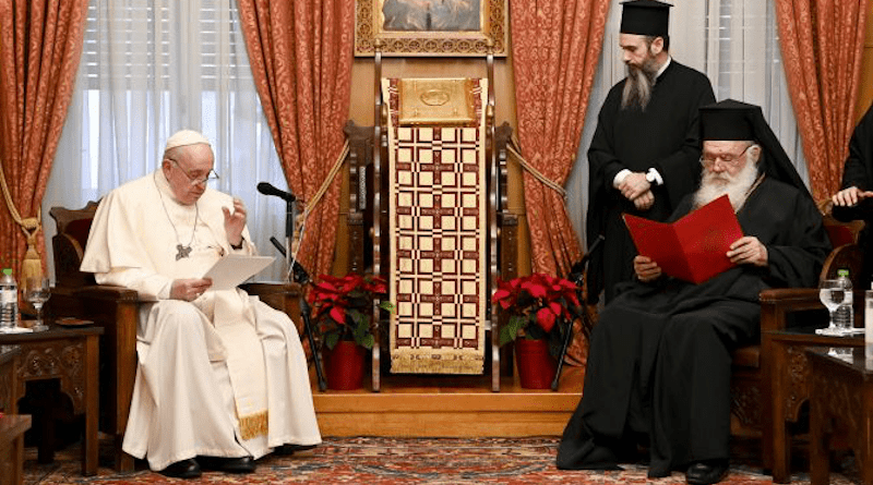 Pope Francis speaks to His Beatitude Ieronymos II and other Greek Orthodox leaders in Athens Dec. 4. | Vatican Media