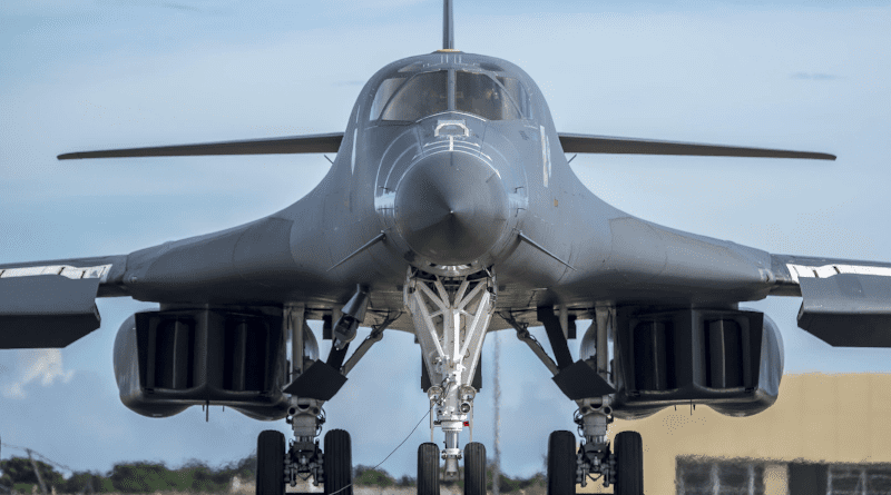 Air Force B-1B Lancer assigned to 37th Expeditionary Bomb Squadron, deployed from Ellsworth Air Force Base, South Dakota, to Andersen Air Force Base, Guam, prepares to fly bilateral mission with Japan Air Self-Defense Force F-15s in vicinity of Senkaku Islands, August 15, 2017 (U.S. Air Force/Christopher Quail)