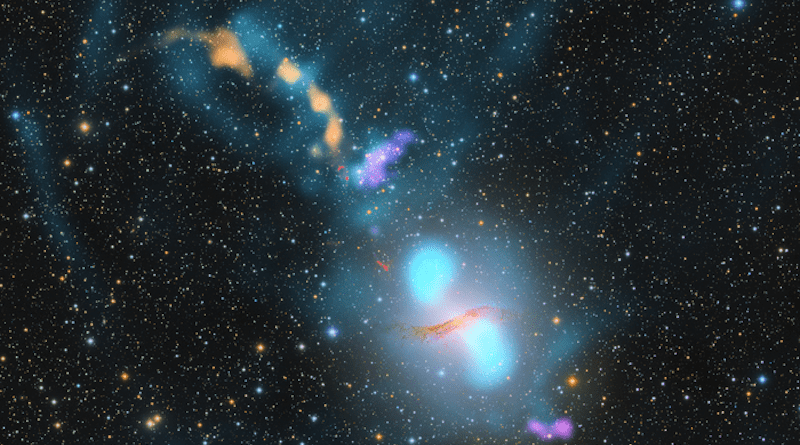 Centaurus A is a giant elliptical active galaxy 12 million light-years away. At its heart lies a black hole with a mass of 55 million suns. This composite image shows the galaxy and the surrounding intergalactic space at several different wavelengths. The radio plasma is displayed in blue and appears to be interacting with hot X-ray emitting gas (orange) and cold neutral hydrogen (purple). Clouds emitting Halpha (red) are also shown above the main optical part of the galaxy which lies in between the two brightest radio blobs. The 'background' is at optical wavelengths, showing stars in our own Milky Way that are actually in the foreground. Credit: Connor Matherne, Louisiana State University (Optical/Halpha), Kraft et al. (X-ray), Struve et al. (HI), Ben McKinley, ICRAR/Curtin. (Radio).