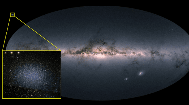 McDonald Observatory astronomers have found that Leo I (inset), a tiny satellite galaxy of the Milky Way (main image), has a black hole nearly as massive as the Milky Way's. Leo I is 30 times smaller than the Milky Way. The result could signal changes in astronomers' understanding of galaxy evolution. CREDIT: ESA/Gaia/DPAC; SDSS (inset)