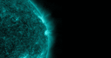 NASA’s Solar Dynamics Observatory captured this image of a solar flare – as seen in the bright flash on the right side of this image of the Sun – on January 20. The image from SDO’s Atmospheric Imaging Assembly 131 Ångström channel (colorized in teal) shows a subset of extreme ultraviolet light that highlights the extremely hot material in flares. Credits: NASA/SDO