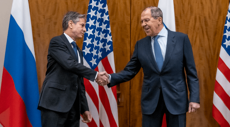 Secretary of State Antony J. Blinken meets with Russian Foreign Minister Sergey Lavrov in Geneva, Switzerland, on January 21, 2022. [State Department photo by Ron Przysucha/ Public Domain]