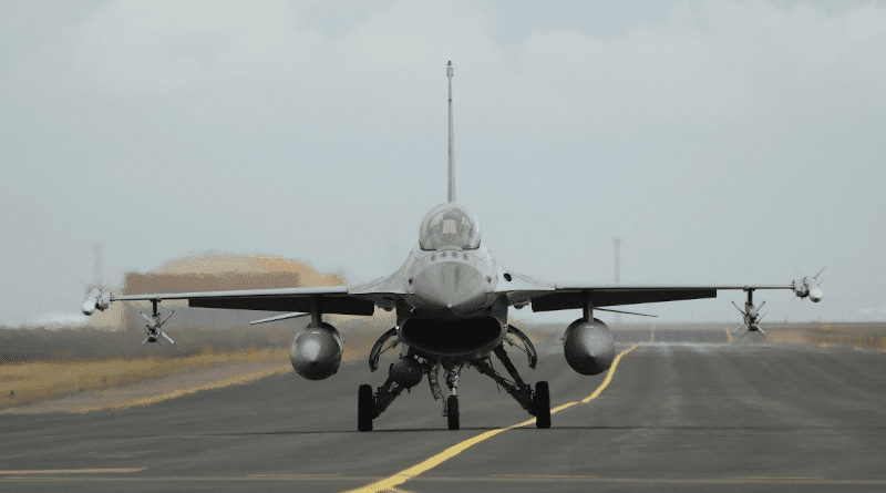 A Royal Danish Air Force F-16 fighter jet taxiing for take-off. Photo courtesy Royal Danish Air Force.