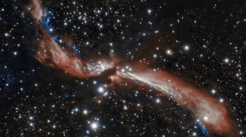 The sinuous young stellar jet, MHO 2147, meanders lazily across a field of stars in this image captured from Chile by the international Gemini Observatory, a Program of NSF's NOIRLab. The stellar jet is the outflow from a young star that is embedded in an infrared dark cloud. Astronomers suspect its sidewinding appearance is caused by the gravitational attraction of companion stars. These crystal-clear observations were made using the Gemini South telescope’s adaptive optics system, which helps astronomers counteract the blurring effects of atmospheric turbulence. CREDIT: International Gemini Observatory/NOIRLab/NSF/AURA Acknowledgments: Image processing: T.A. Rector (University of Alaska Anchorage/NSF’s NOIRLab), M. Zamani (NSF’s NOIRLab) & D. de Martin (NSF’s NOIRLab) PI: L. Ferrero (Universidad Nacional de Córdoba)