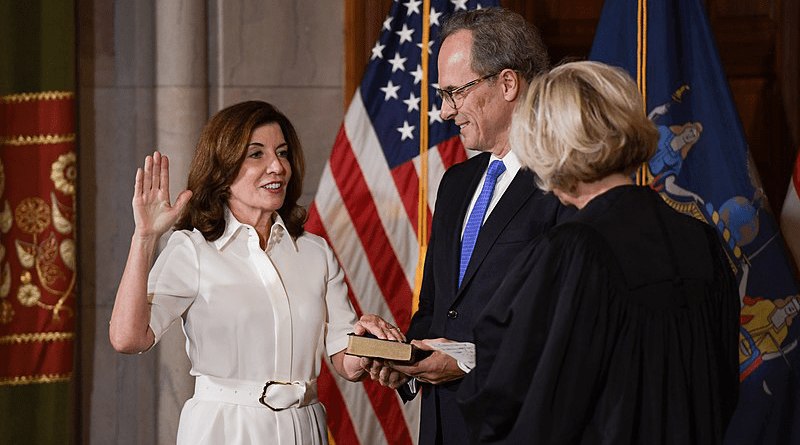 New York's Kathy Hochul being sworn in as Governor in 2021. Photo Credit: NY Senate Photo, Wikipedia Commons
