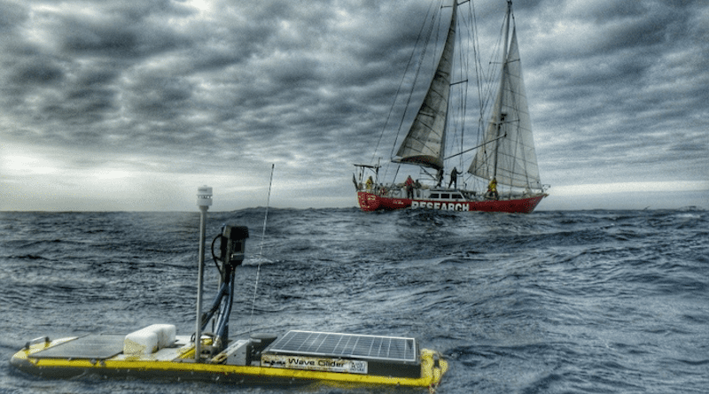 A wave glider was one of the ocean robots in the project, collecting data from the surface CREDIT: Fred Fourie