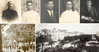 Pictured above are some of the young people who embraced the Bahá’í teachings shortly after their encounter with Sheikh Muḥyí’d-Dín Sabrí (top-left) at the main boulevard in Tunis seen in these images. Photo Credit: BWNS