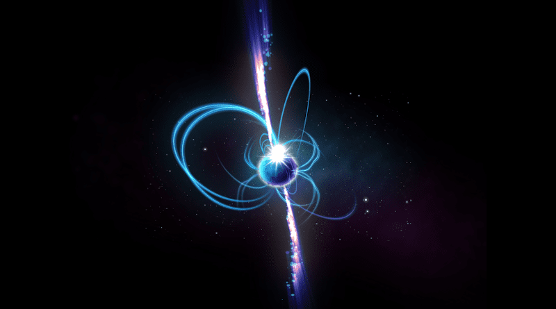 An artist's impression of what the object might look like if it's a magnetar. Magnetars are incredibly magnetic neutron stars, some of which sometimes produce radio emission. Known magnetars rotate every few seconds, but theoretically, "ultra-long period magnetars" could rotate much more slowly. Credit: ICRAR.