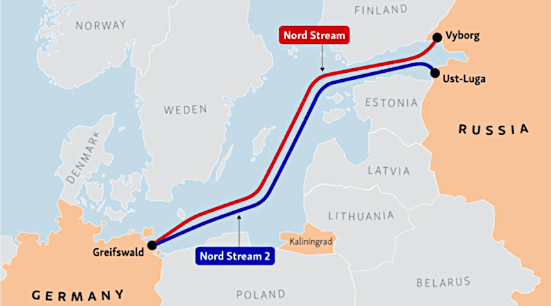 Locations of Nord Stream and Nord Stream 2 pipelines connecting Germany and Russia. Credit: RFE/RL Graphics