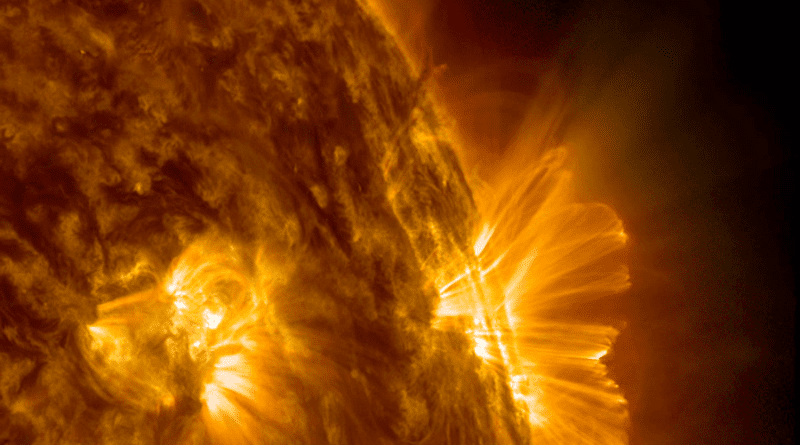 A plasma ejection during a solar flare. Immediately after the eruption, cascades of magnetic loops form over the eruption area as the magnetic fields attempt to reorganize. CREDIT: Courtesy of NASA/SDO and the AIA, EVE, and HMI science teams