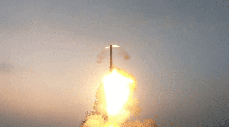 An advanced sea-to-sea variant of the BrahMos Supersonic Cruise missile is test-fired from the Visakhapatnam, an Indian navy ship, Jan. 11, 2022. [Photo courtesy Defense Research and Development Organization @DRDO_India via Twitter]