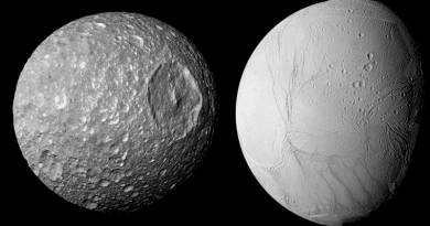 An SwRI scientist has discovered that Saturn’s small moon Mimas (left) likely has something in common with its larger neighbor Enceladus: an internal ocean beneath a thick icy surface. Thought to be a frozen inert satellite, Mimas is now considered a “stealth” ocean world with a surface that does not betray what lies beneath. This discovery could greatly expand the number of potentially habitable worlds thought to exist. CREDIT: NASA / JPL-Caltech / Space Science Institute