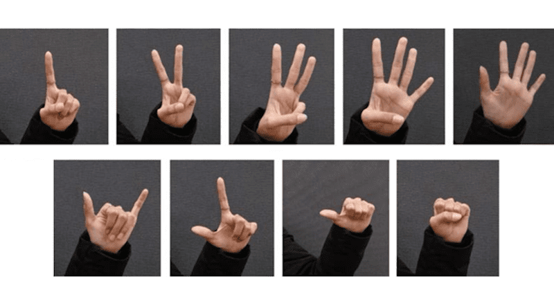 Images of the nine interactive hand gestures in the study. CREDIT: Zhang et al., doi: 10.1117/1.JEI.30.6.063026.