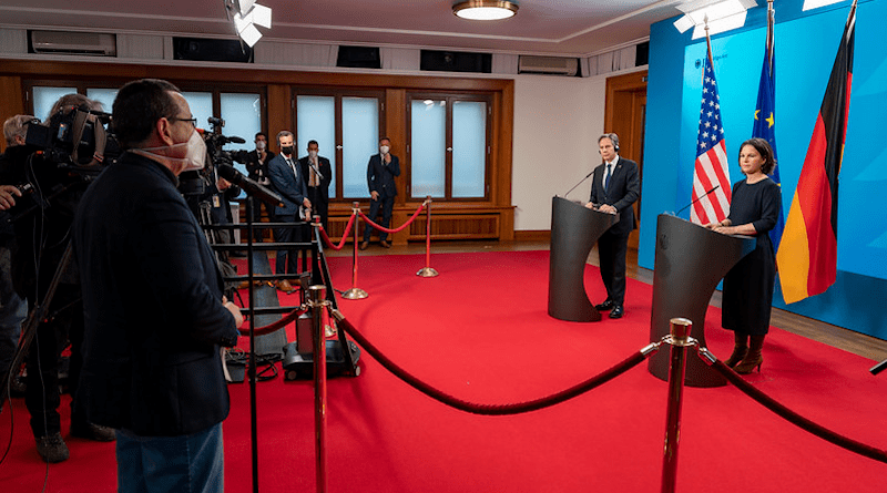 Secretary of State Antony J. Blinken holds a joint press availability with German Foreign Minister Annalena Baerbock in Berlin, Germany, on January 20, 2022. [State Department photo by Ron Przysucha/ Public Domain]