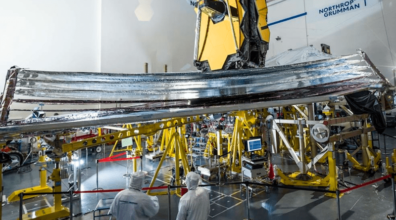 On Jan. 4, 2022, engineers successfully completed the deployment of the James Webb Space Telescope’s sunshield, seen here during its final deployment test on Earth in December 2020 at Northrop Grumman in Redondo Beach, California. The five-layer, tennis court-sized sunshield is essential for protecting the telescope from heat, allowing Webb’s instruments to cool down to the extremely low temperatures necessary to carry out its science goals. CREDIT: NASA/Chris Gunn