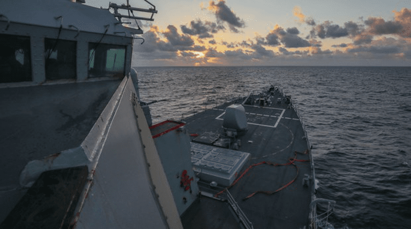 USS Benfold conducting freedom of navigation operation and participating in a drill in the South China Sea, Jan. 20 2022. Photo Credit: U.S. Navy