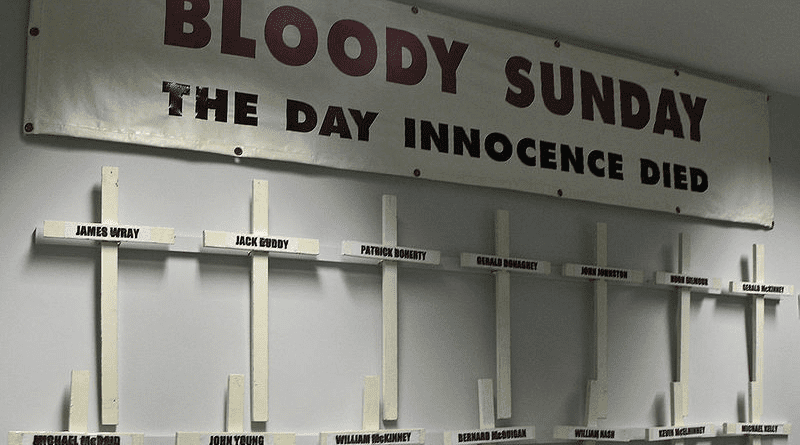 Banner and crosses carried by the families of the victims on the annual Bloody Sunday commemoration march. Photo Credit: SeanMack, Wikipedia Commons