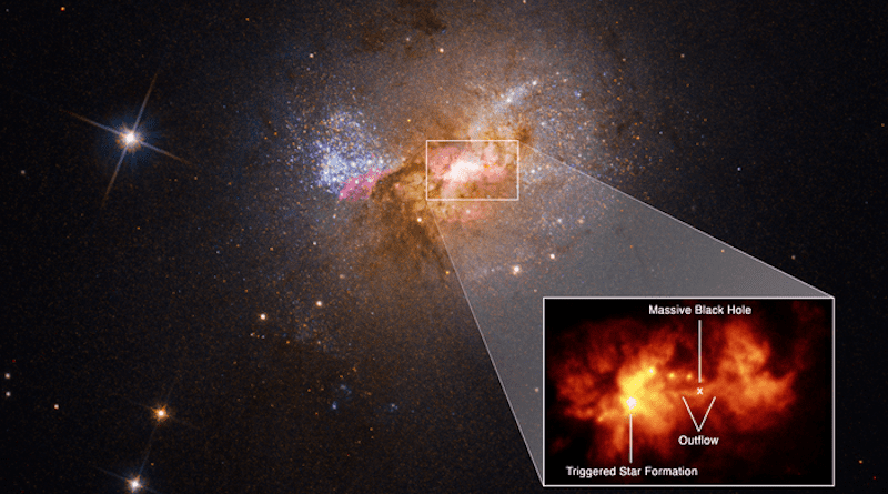 A pullout of the central region of dwarf starburst galaxy Henize 2-10 traces an outflow, or bridge of hot gas 230 light-years long, connecting the galaxy's massive black hole and a star-forming region. Hubble data on the velocity of the outflow from the black hole, as well as the age of the young stars, indicates a causal relationship between the two. A few million years ago, the outflow of hot gas slammed into the dense cloud of a stellar nursery and spread out, like water from a hose impacting a mound of dirt. Now clusters of young stars are aligned perpendicular to the outflow, revealing the path of its spread. CREDIT: NASA, ESA, Zachary Schutte (XGI), Amy Reines (XGI); Image Processing: Alyssa Pagan (STScI)